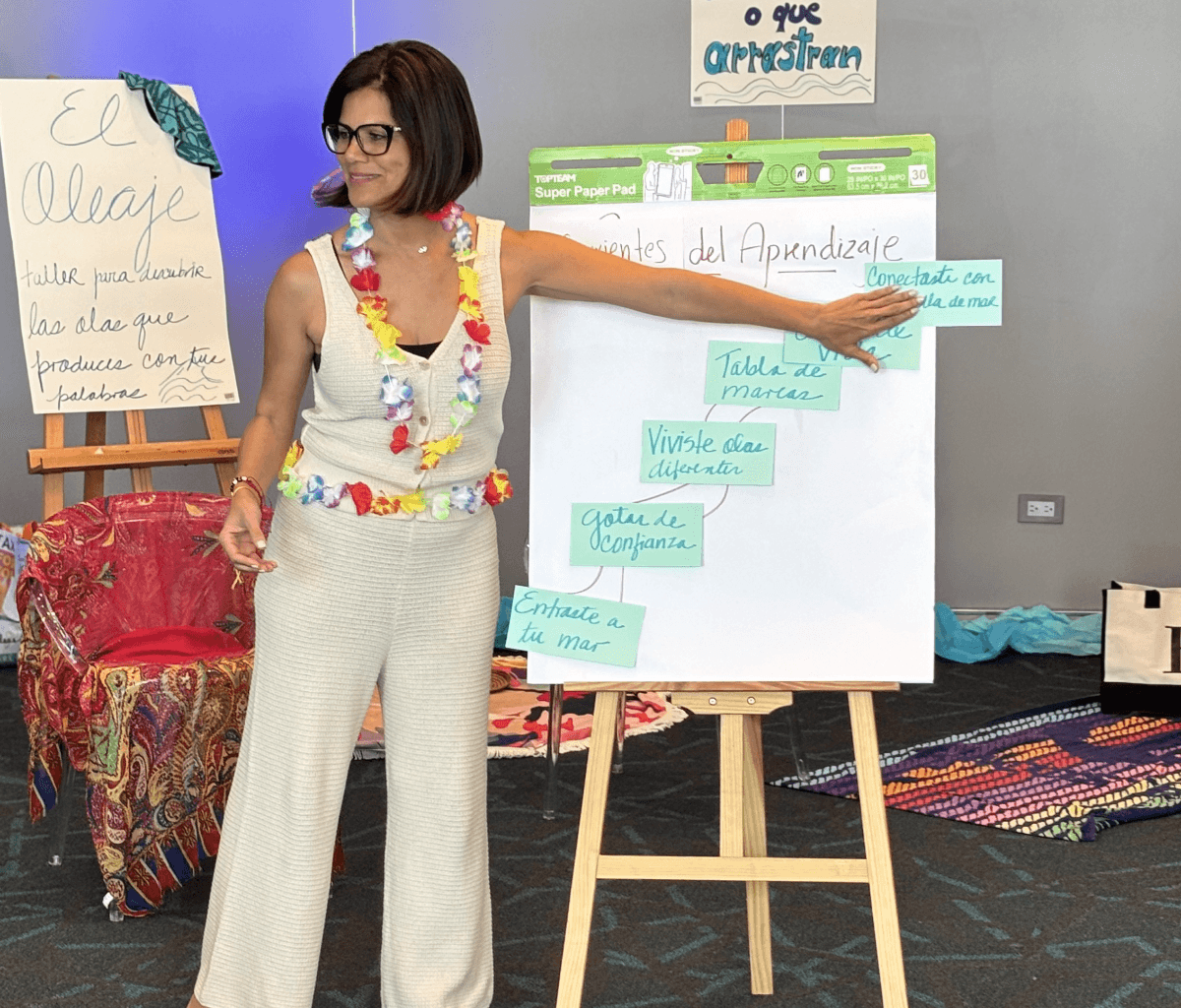 Emy Alonso facilitando el taller El Oleaje con un equipo